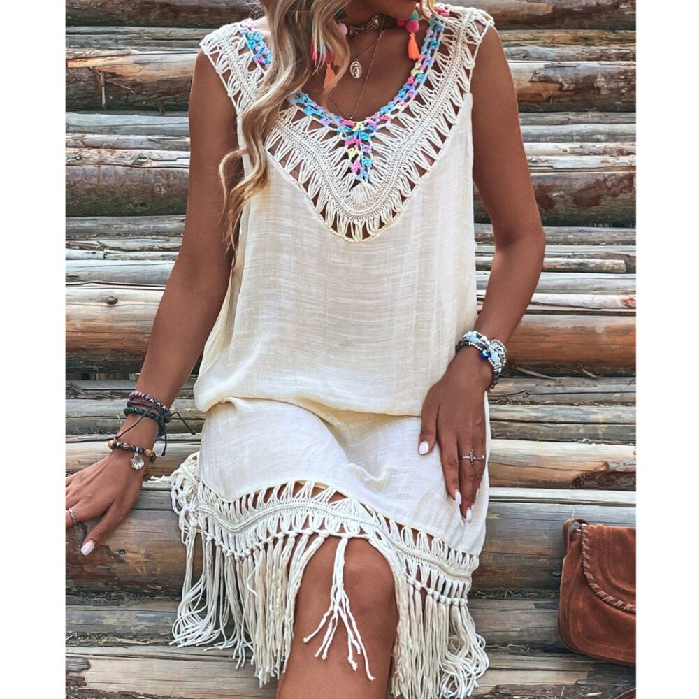 Boho Fringe Backless Swim Cover Up Resort Beach Crochet Style - Picture 4 of 7